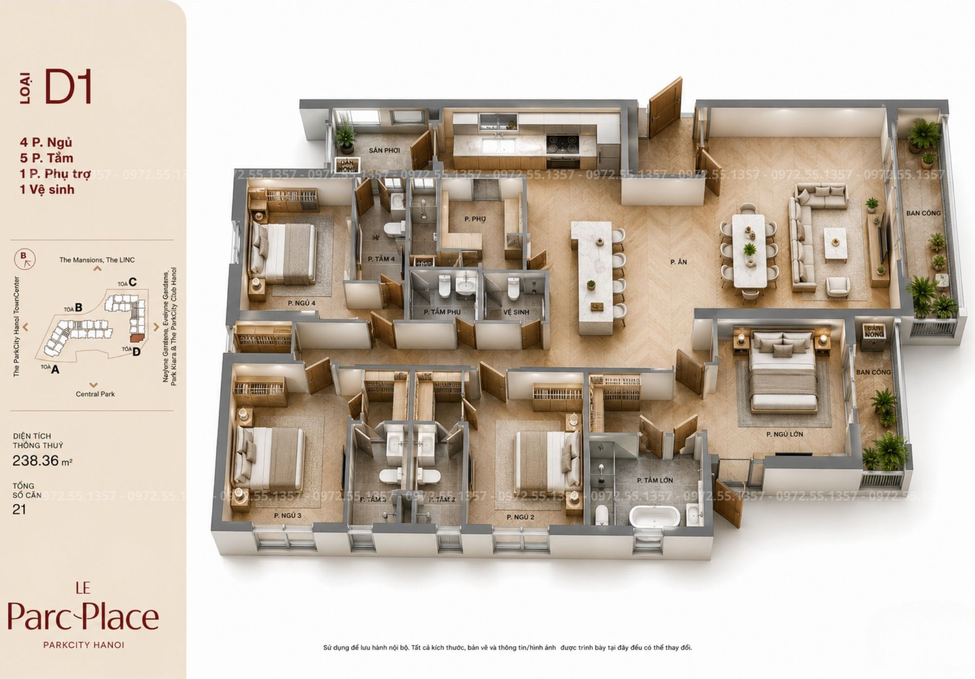 Layout bóc mái 3D căn hộ 4PN+1 Le Parc Place