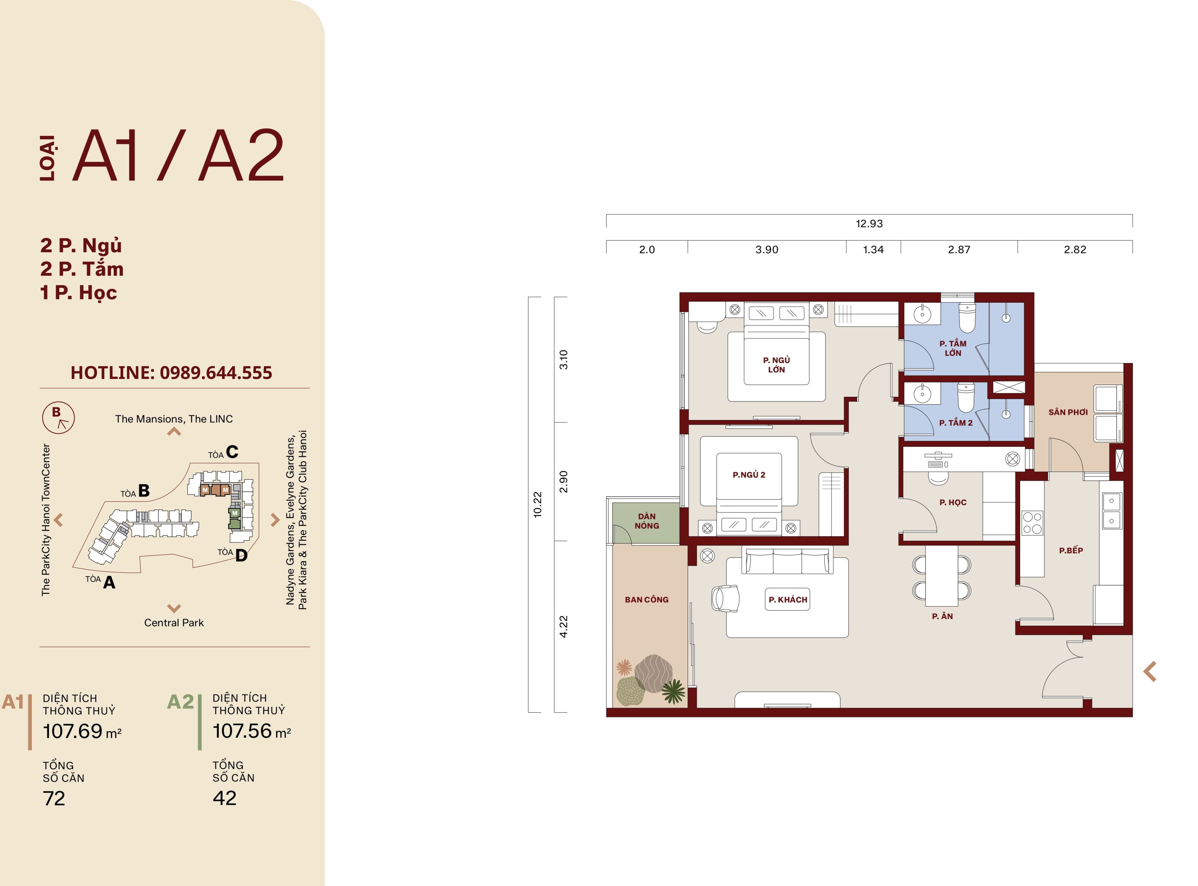 Thiết kế căn hộ Le Parc Place loại căn 2PN+1 diện tích 107.56m2