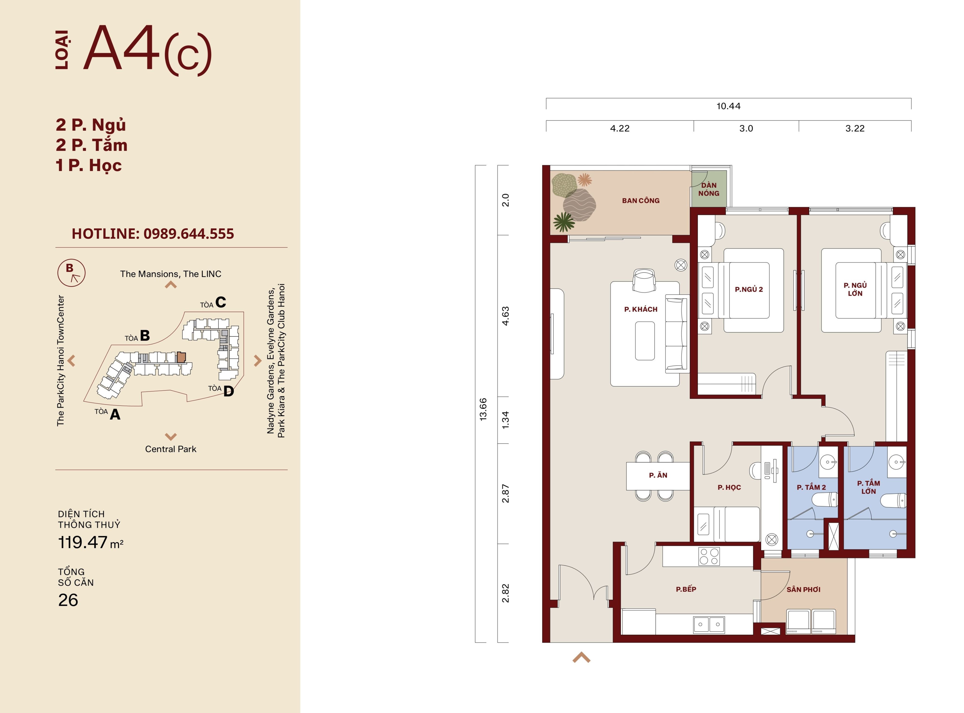 Thiết kế căn hộ Le Parc Place 2PN+1 A4(c) 119.47m2